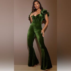 PrettyLittleThing Velvet Olive Green Puff Sleeve Jumpsuit